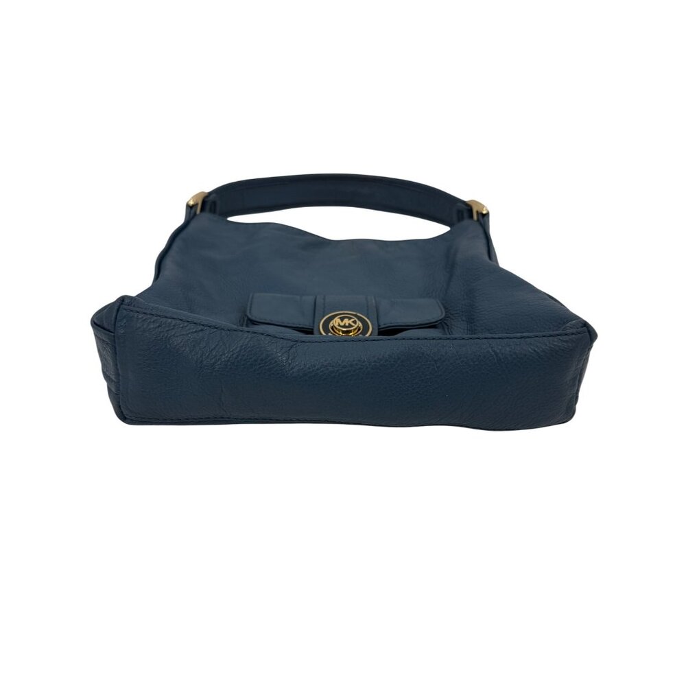 Michael Kors Pushlock Blue Leather Shoulder Bag Gold-Tone Hardware Front Pocket - Picture 6 of 14